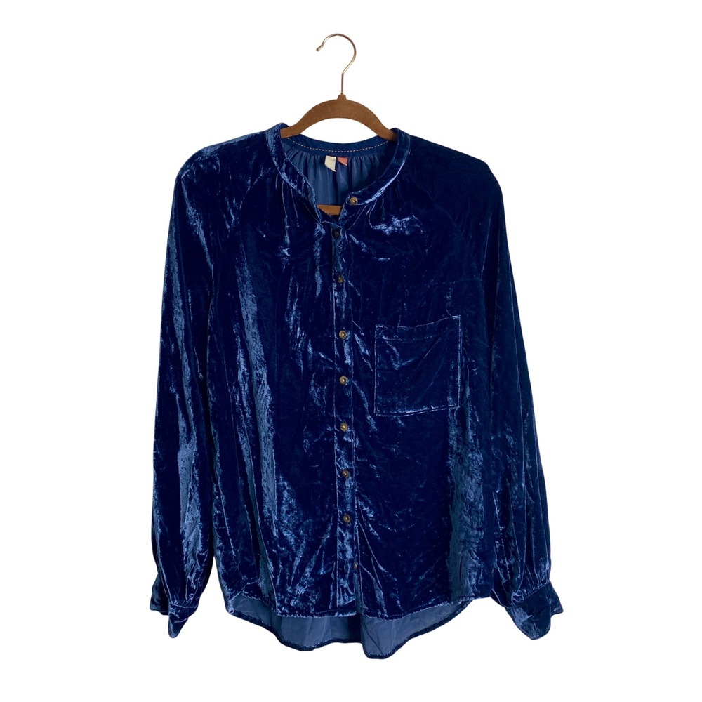 Pilcro Anthropologie Medium Blue Crushed Velvet Button Down Shirt Blouse Boho